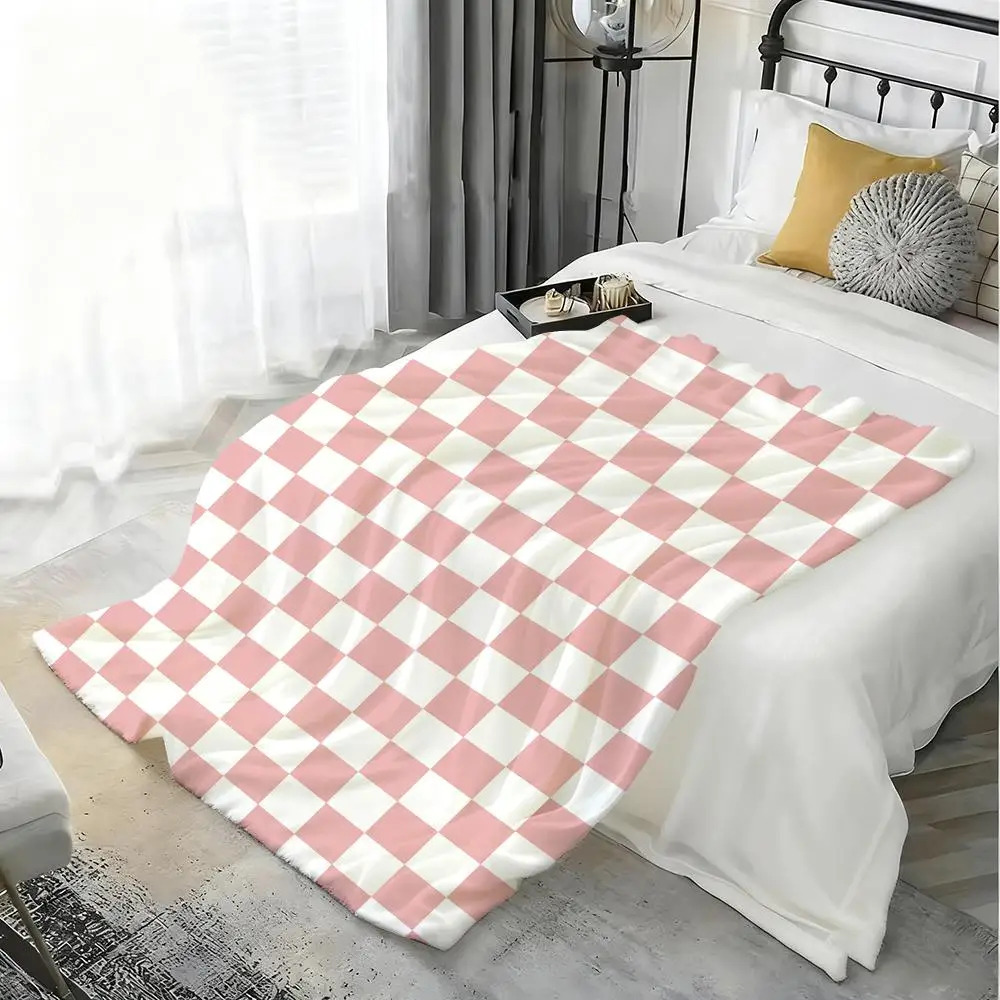 Pink Checkerboard Set Throw Lightweight 240g Flannel Blanket Soft Skin-friendly for Summer Cooling