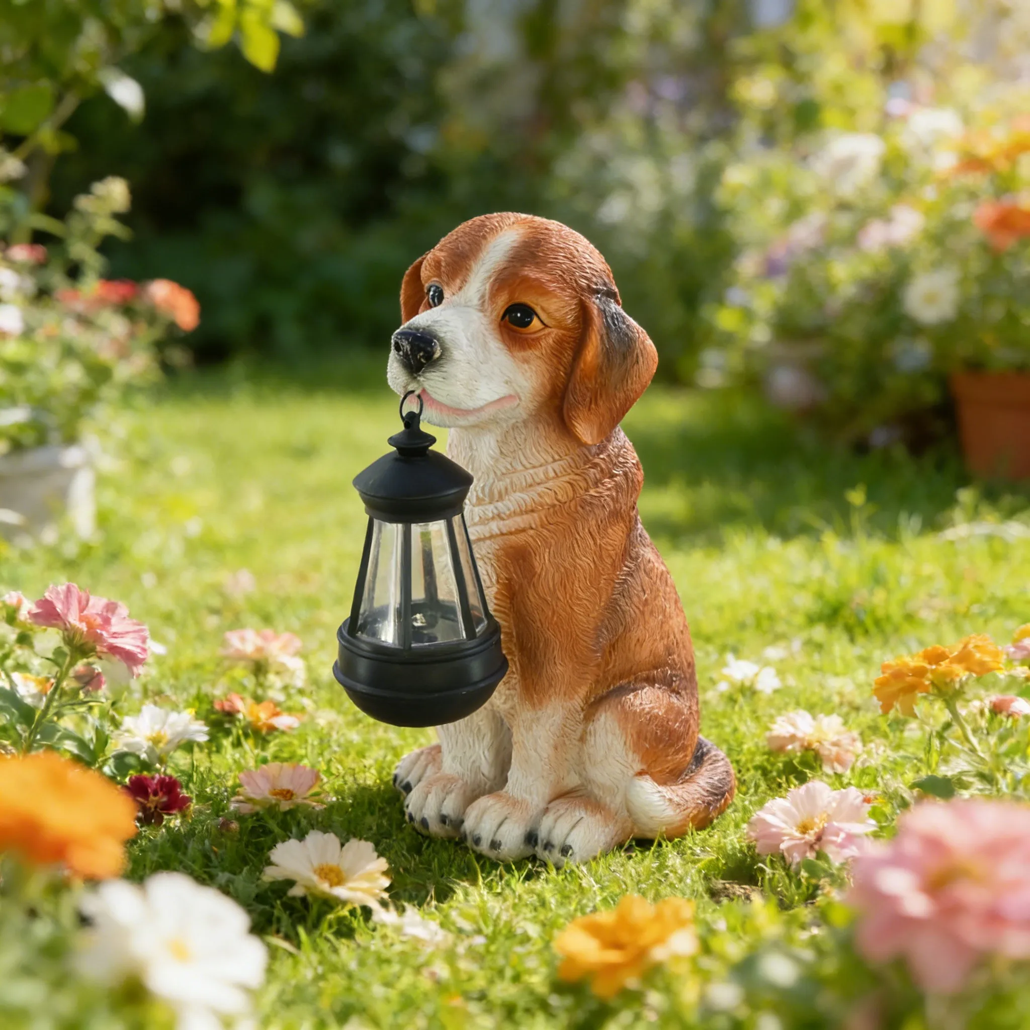 ビーグル犬の子犬像とソーラーランタン-屋外パティオと玄関の装飾