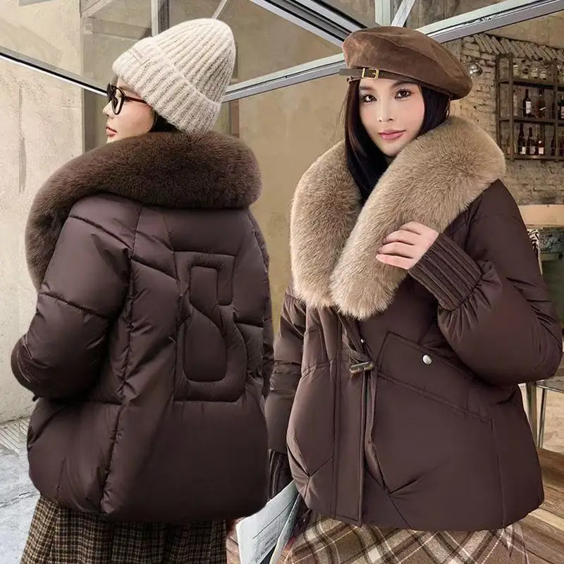 

Women Winter Large Fur Collar Warm Thicken Cotton Padded Jacket 2026 New Women Loose Bread Coat Women Cotton Coat Winter Outwear