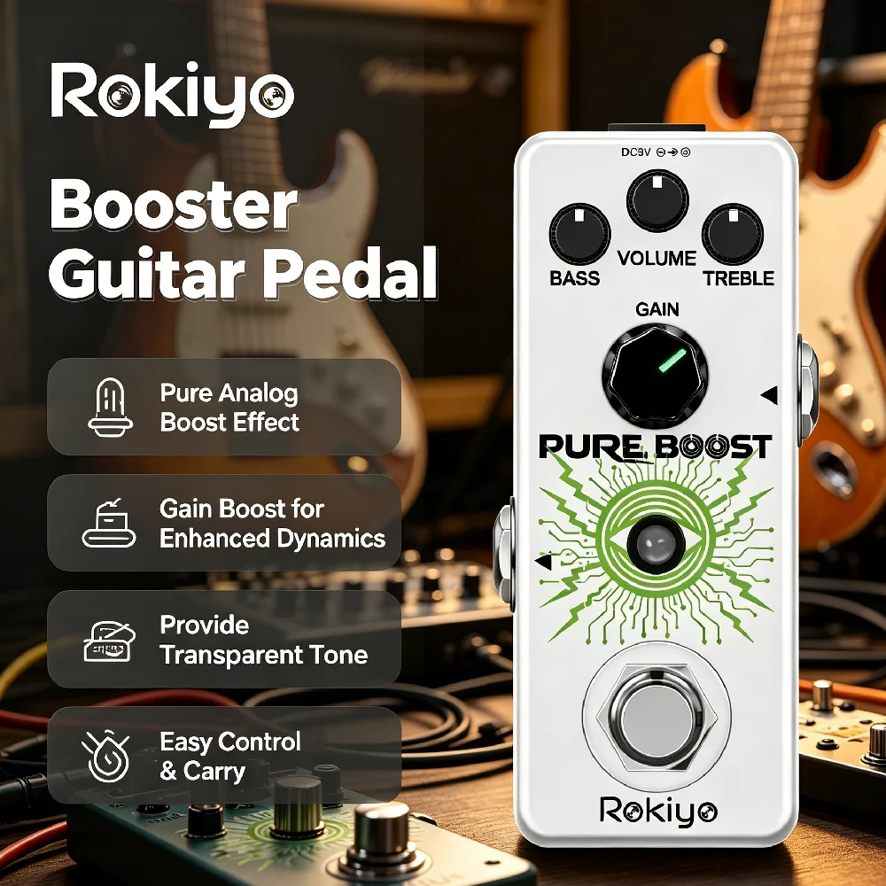 Rokiyo Pure Boost Guitar Pedal 20dB+ Clean Boost True Bypass Mini Analog Gain Booster Effect Pedal for Electric Guitar Bass