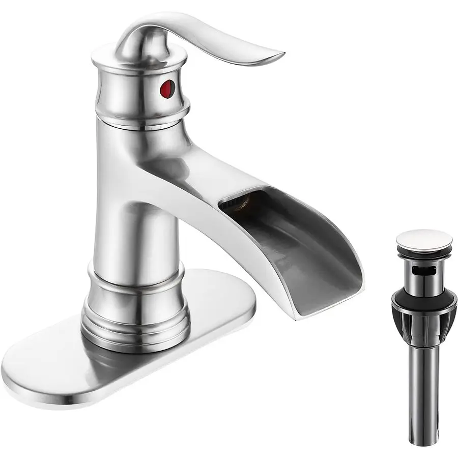 

Waterfall Faucet Bathroom Faucet Single Handle One Hole Brushed Nickel Finish Large Spout Lavatory Faucets Brushed Nickel