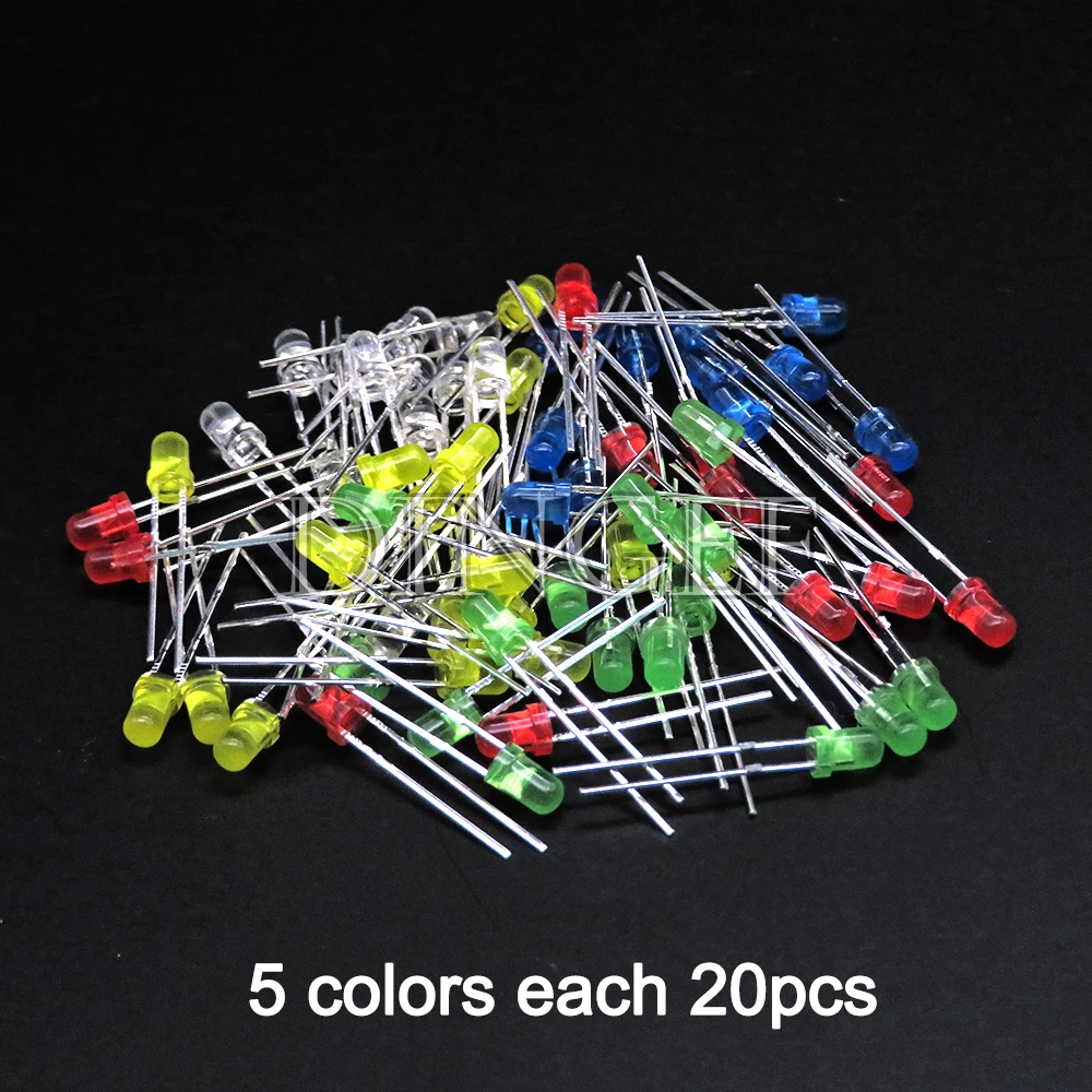 100PCS 3mm 5mm LED Diode F3 F5 Assorted Kit White Green Red Blue Yellow Orange Pink White DIY Light Emitting LED Diode Connector