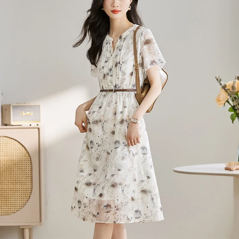 

V neck Elegant Fashion Floral Printed Midi Dress Ladies Short Sleeve Sweet Casual Vestido Women Vintage Waist A line Robe XT534