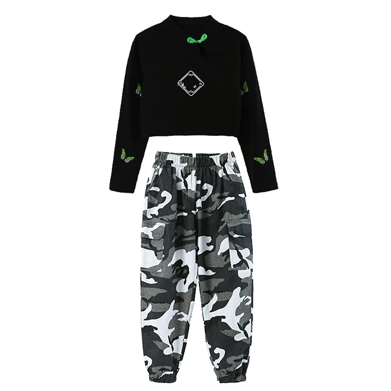 Girls Jazz Dance Clothes Long Sleeves Navel Tops Camouflage Trousers Kids Street Dance Kpop Hiphop Performance Costume BL16945