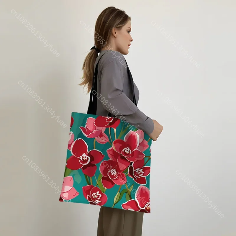 Floral Orchid Pattern Tote Bags Moth Orchids Women Handbag Colorful Flowers Portable Shoulder Bags Eco Reusable Shopper Bag Gift