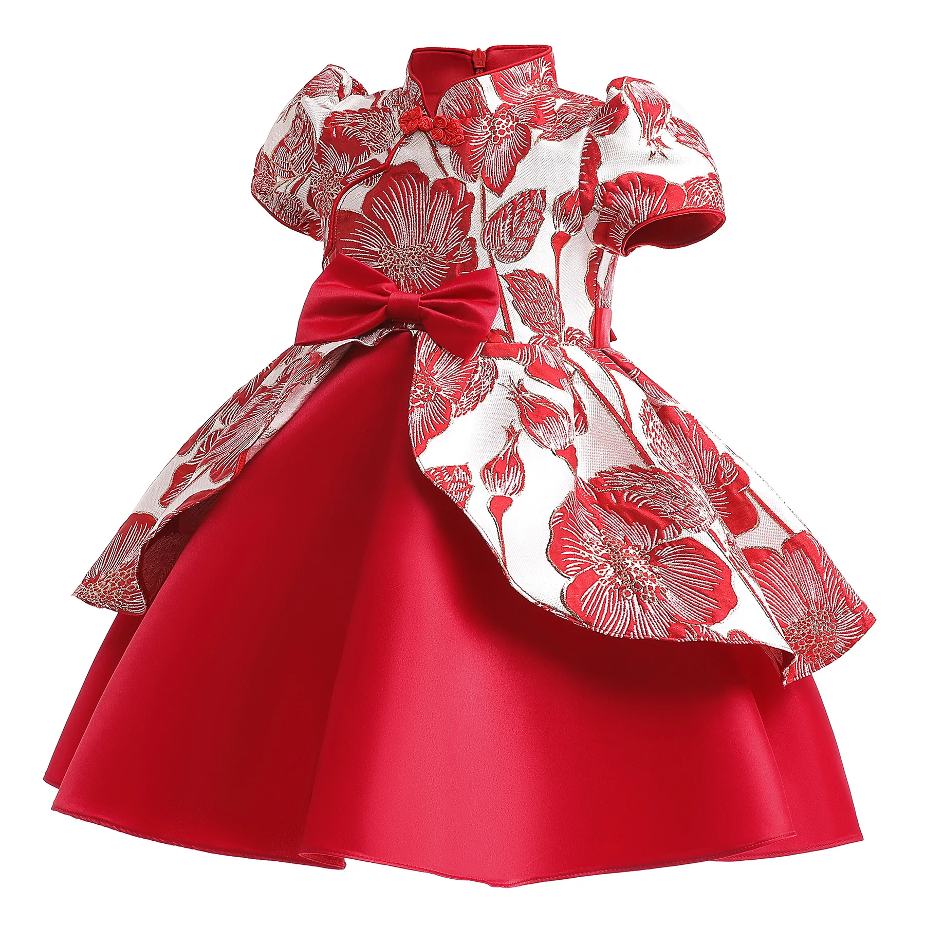 Girls New Year Dress Children High-end Jacquard Fabric Red Chinese Cheongsam Baby First Birthday Party Clothes Christmas Costume