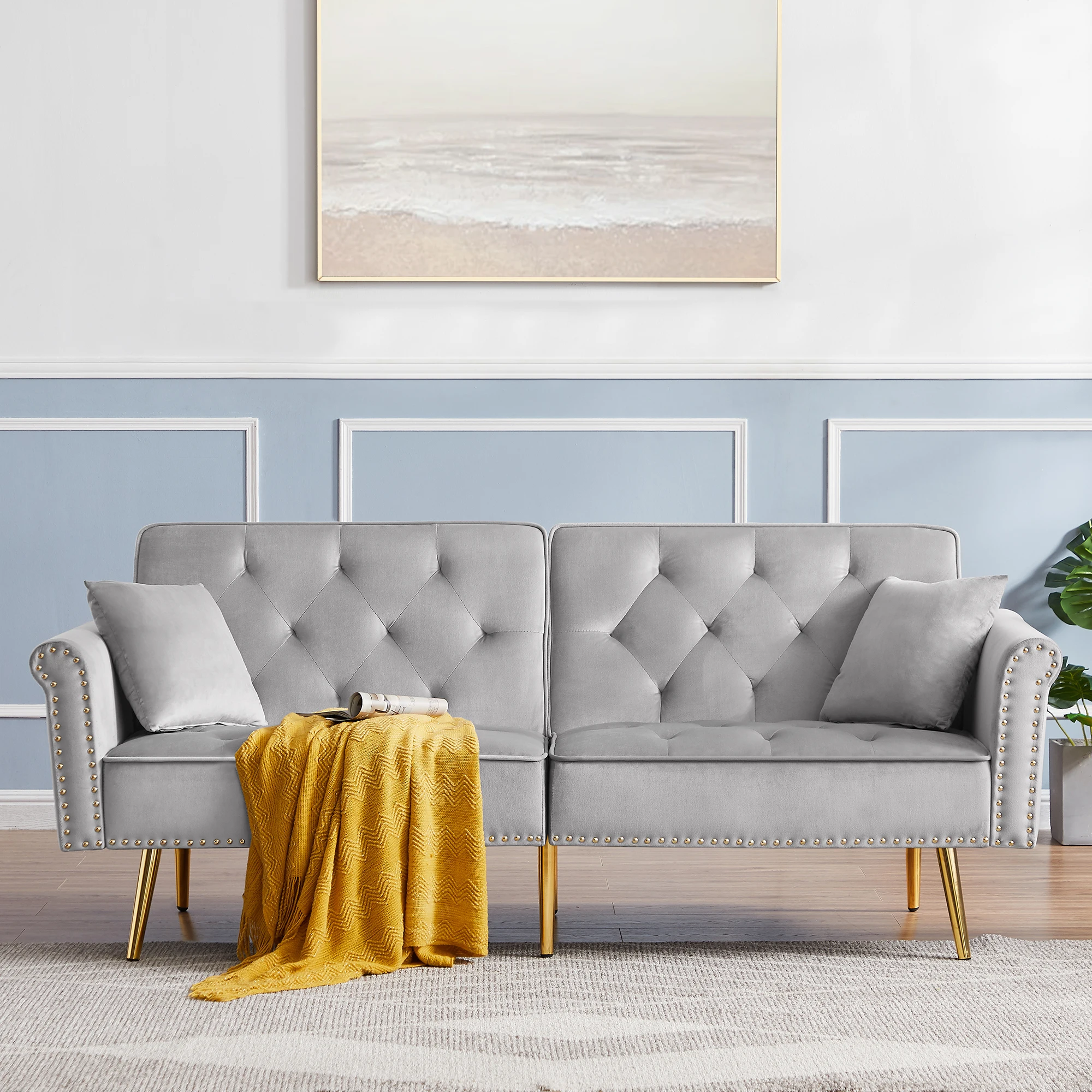 

Modern Velvet Tufted Sofa Couch with 2 Pillows and Nailhead Trim, Loveseat Sofa Futon Sofa Bed with Metal Legs for Living Room