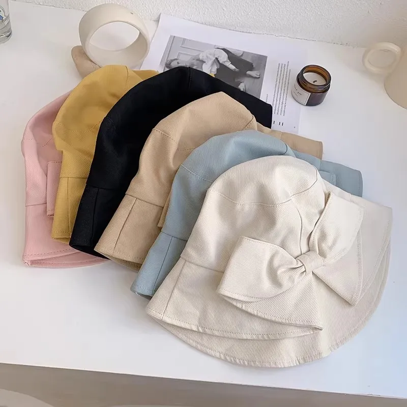 Summer Bowknot Split Fisherman Hat Women Sunscreen Wide Brim Bucket Hat Fashion Outdoor Beach Cap with Adjustable Drawstring