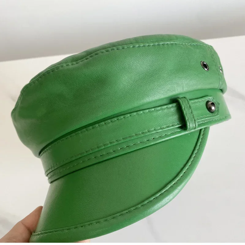 Casquette militaire verte en cuir véritable, chapeaux de marin pour femmes et hommes, chapeau de cadet de voyage à dessus plat, chapeau militaire en peau de mouton