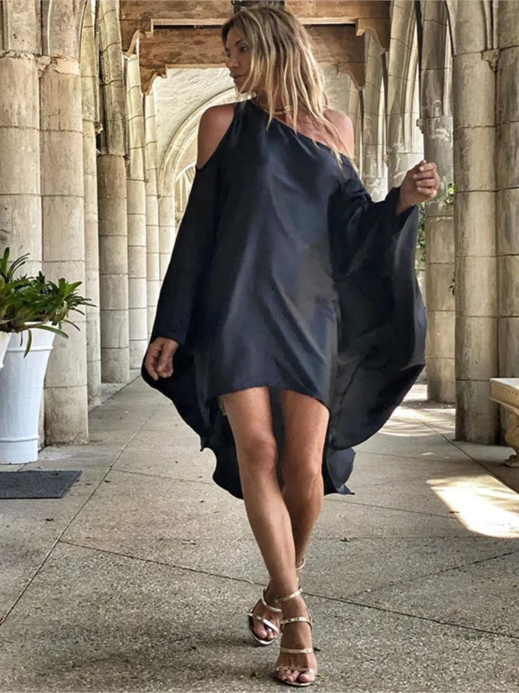 

2025 Summer New Women's Off-shoulder Casual Sexy Dress Beach Vacation Loose Long Skirt Beach Fashion Ladies Irregular Hem Dress