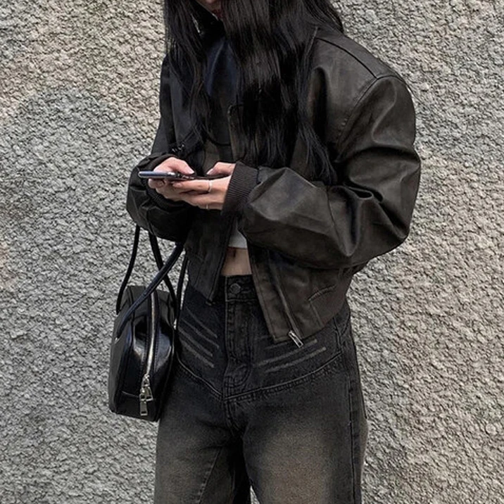 Vintage BF Sle Motorrad Jaet Loose Fit Reißverschlusskragen PU-Leder Ort Mantel für Damen Herbst 2024 Long Sve Other Mate...