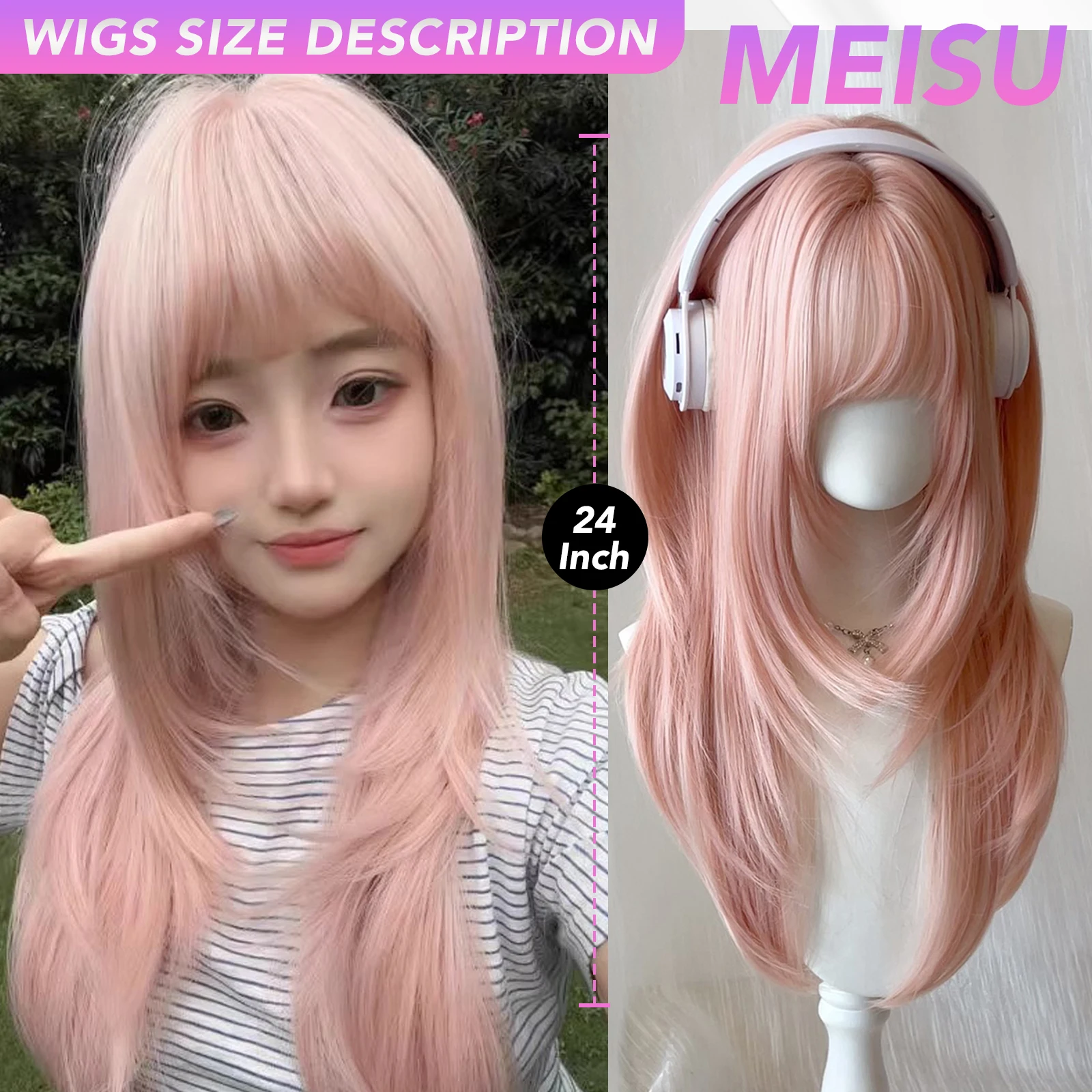 MEISU 24 Inch Synthetic Straight Wigs Air Bangs Hair PINK Heat-Resistant Natural And Smoot Daily Wear For Women