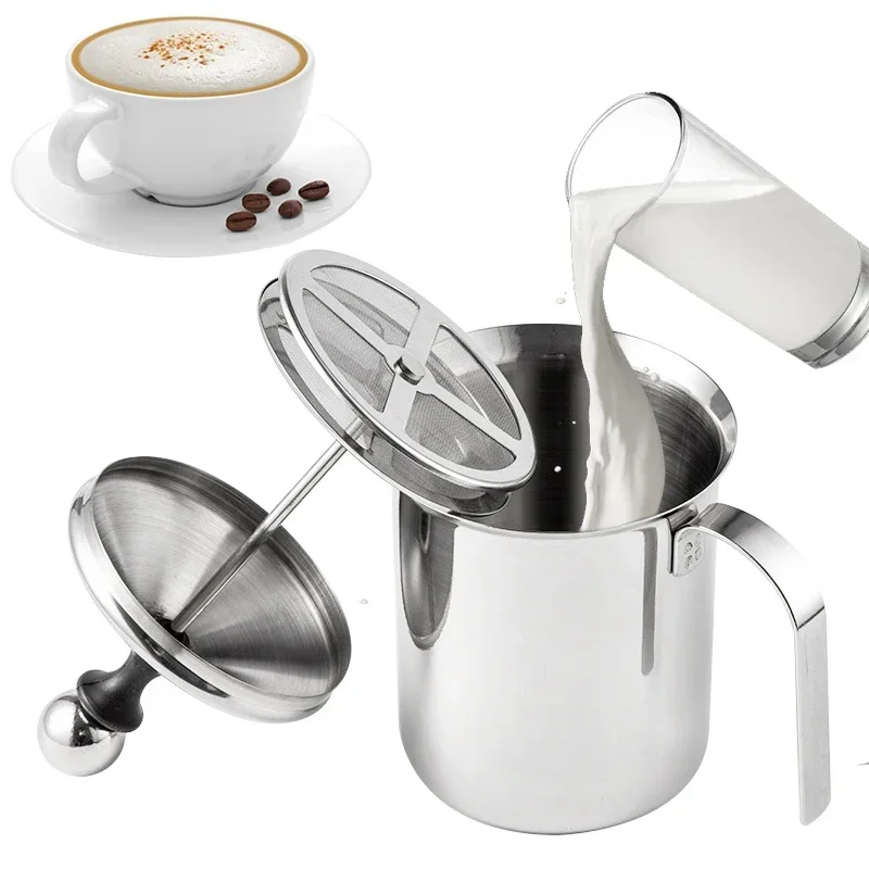 400ml /800ml Stainless Steel Milk Frother with Handle Wear-resistant Double Mesh Manual Milk Frothing Pitcher New