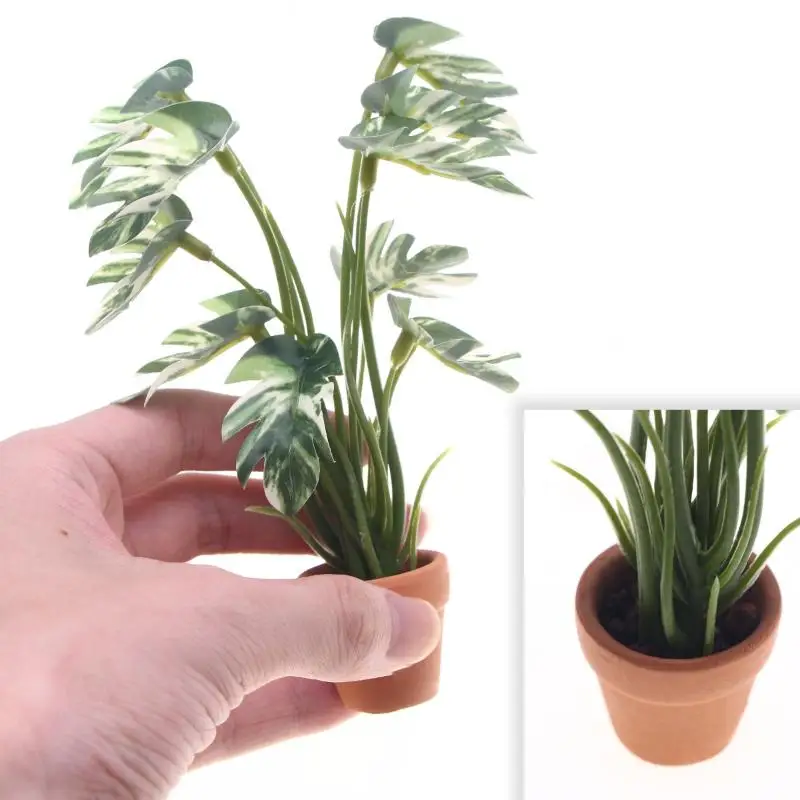 1/12 Puppenhaus-Simulationsmodell einer Monstera-Grünpflanze im Topf, Möbelzubehör für Puppenhausdekoration, Kinderspielzeug, Geschenk