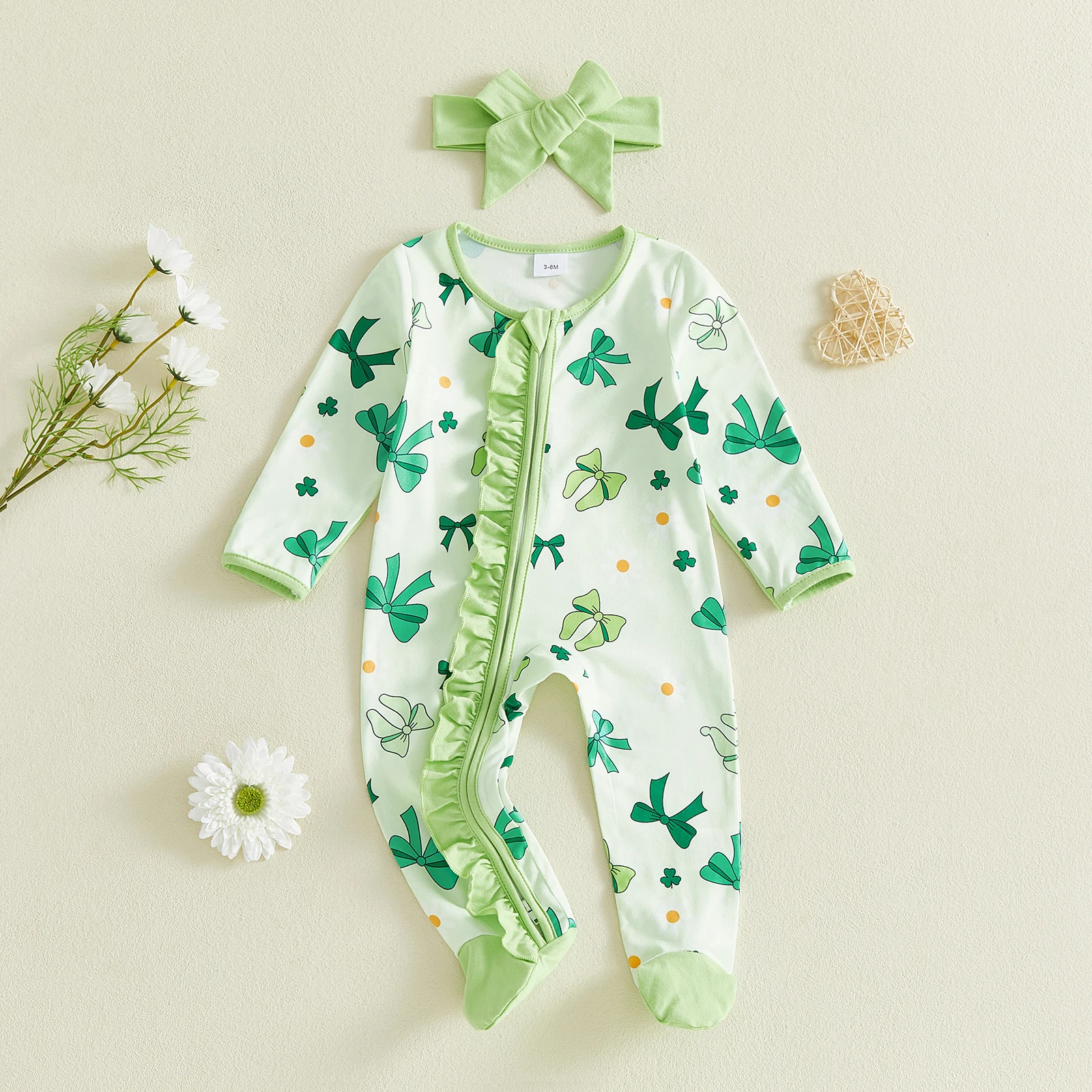 Newborn Baby Girl Irish Romper Shamrock Bow Print Long Sleeve Zip Ruffled Footed Jumpsuit with Bow Headband
