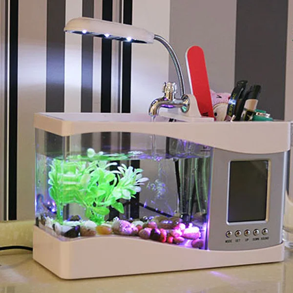 

Desktop Aquarium Fish Tank Led Lamp Calendar Alarm Clock Pen Holder White Gravel Water Grass Faucet Filtration Decorative Fish