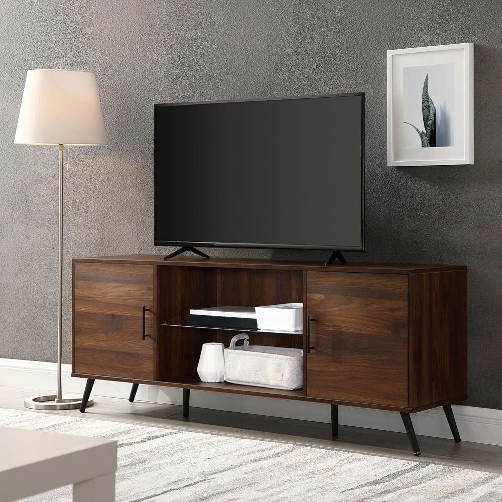 Saxon dudukan TV rak kaca Modern pertengahan abad untuk TV hingga 65 inci, 60 inci, Walnut