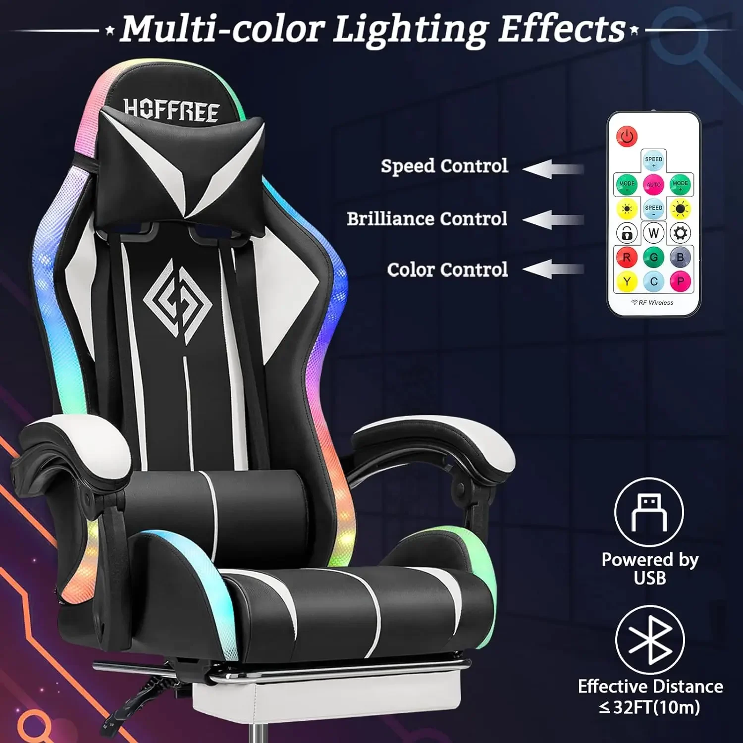 Silla ergonómica para juegos de ordenador, sillón con altavoces y luces, reposapiés, luces LED RGB, masaje Hig