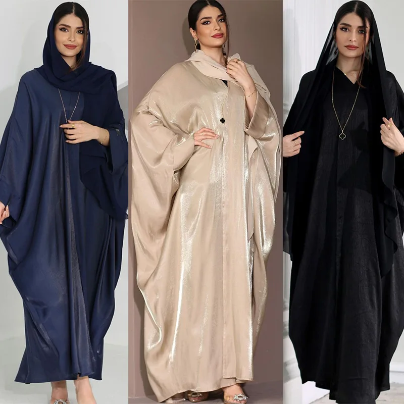 Kadınlar için Kimono Longs Abayas Femme rahat gevşek açık Abaya Batwing kollu saten elbise Kaftan Islam boy Abaya kadınlar için