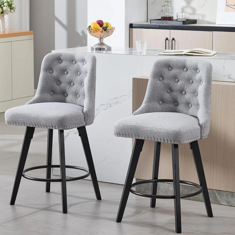 

Swivel Bar Stools Set of 2, Linen Counter Height Bar Stools with Tufted Back, 25''H Upholstered Wood Bar Chairs Modern Barstools