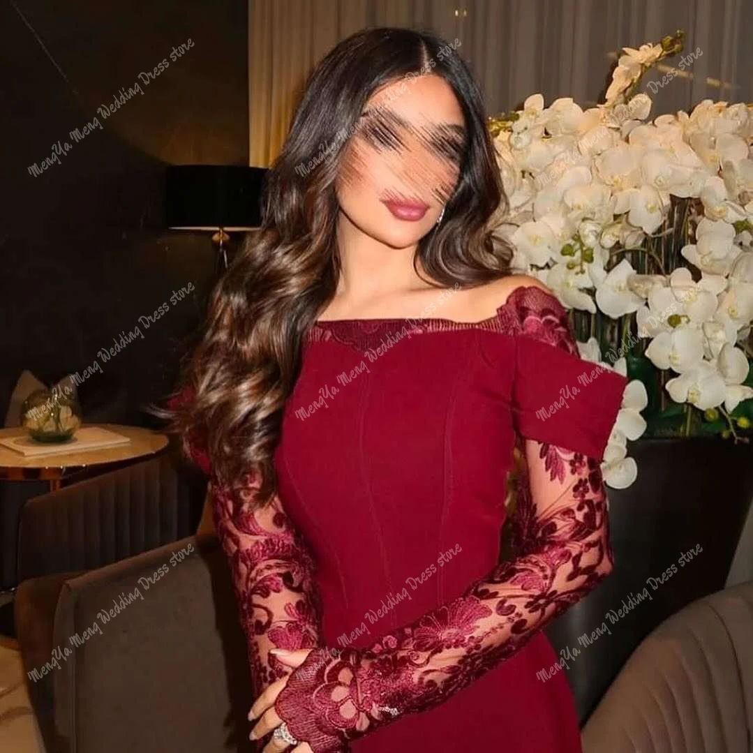 ZHUISHU Exquisite Off the Shoulder Burgundy Lace Evening Dresses Delicate Long Sleeves Party Dress Cocktail Dress Customized