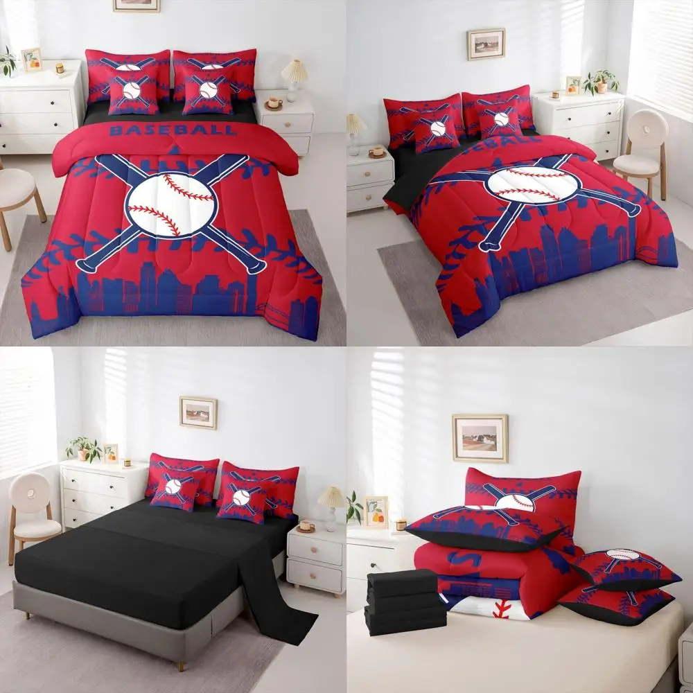 

King Size Baseball Theme Comforter Set: Bed in a Bag with Fitted and Flat Sheets, Pillowcases, and Cushion Covers for Kids & Adu