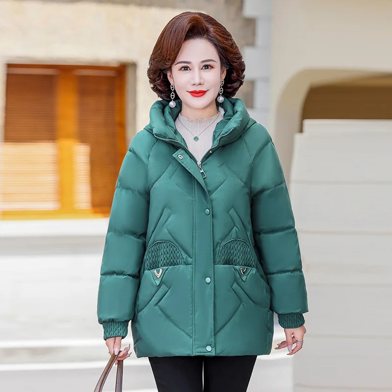 Women's Hooded Puffer Jacket Short Winter Coat Geometric Quilted Zip Up Lightweight Warm Outerwear Middle Aged Mom Trendy New