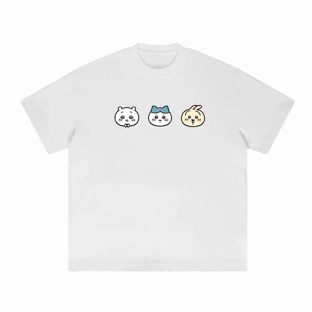 Chiikawa Three Friends Graphic T-shirt White Solid Cotton Loose Oversized Tees Lovely Cartoon Rabbit Cat Bear Print Anime Letter