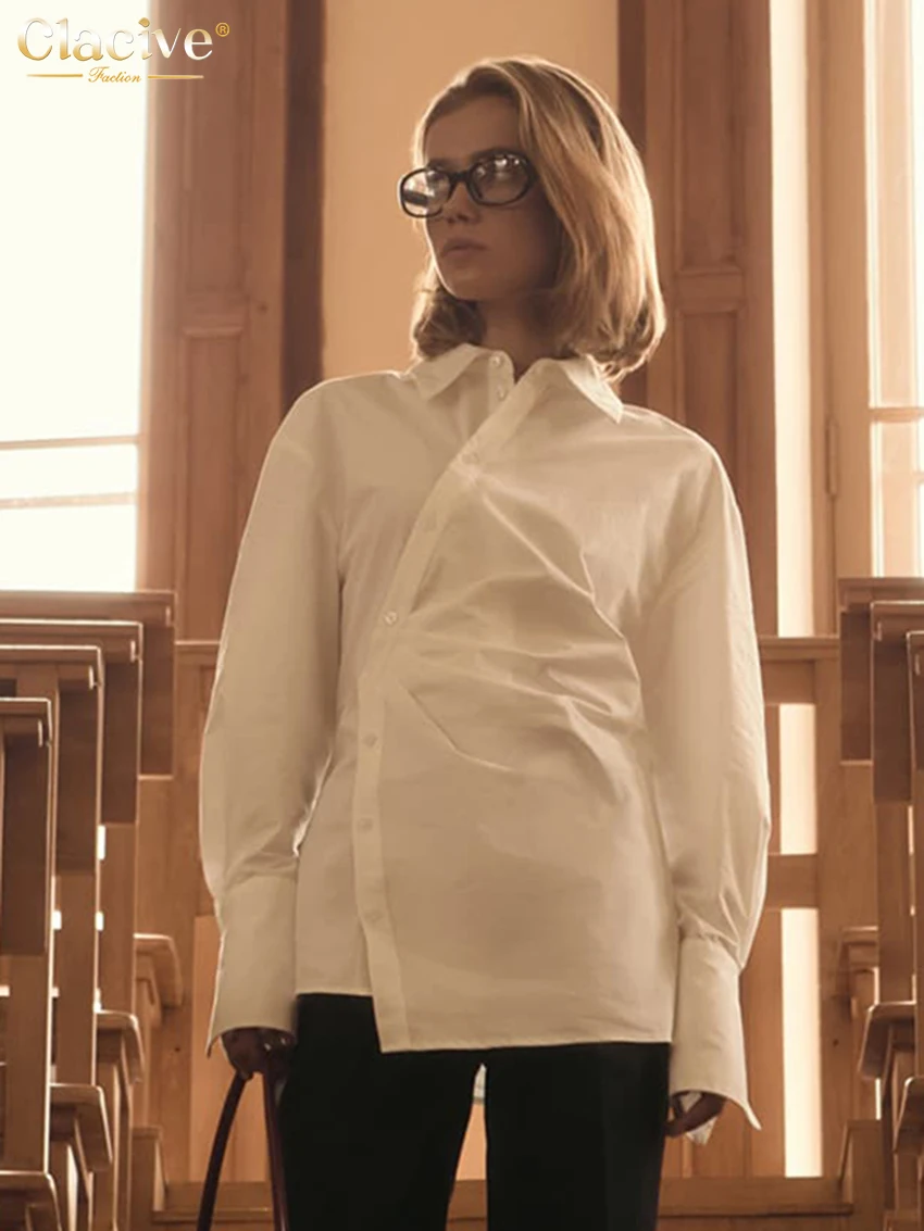 Clacive Fashion Slim White Cotton Women's Shirt 2025 Bodycon Lapel Long Sleeve Shirts Elegant Classic Solid Top Female Clothing
