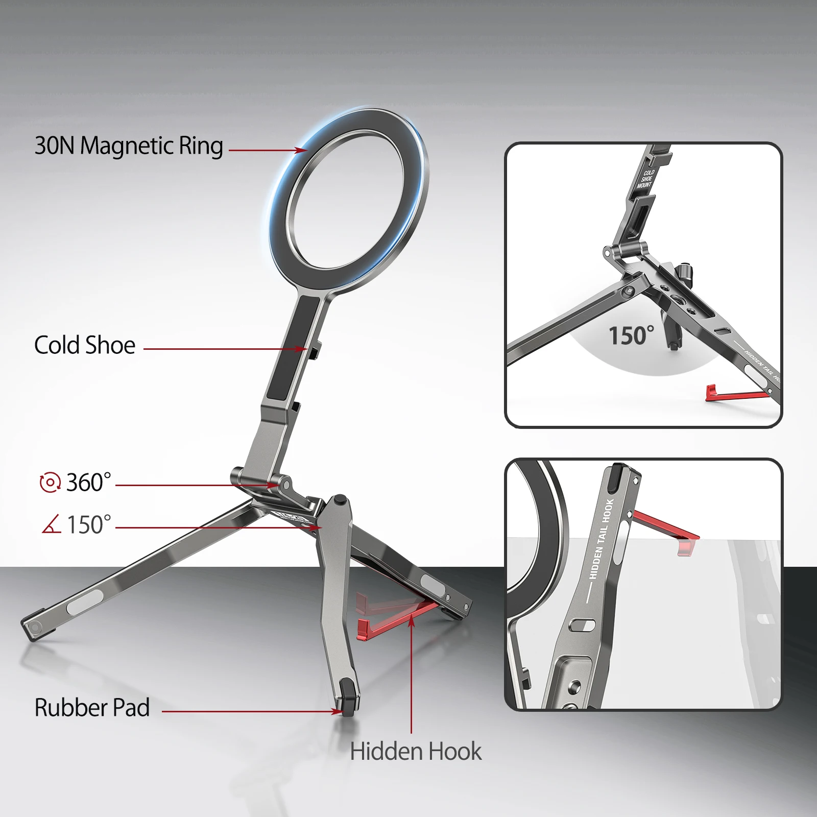 حامل ثلاثي للهاتف بجيب مغناطيسي قابل للطي من Camolo مع خطاف حامل هاتف Magsafe مع حلقة لهاتف iPhone Android HUAWEI حامل ثلاثي القوائم