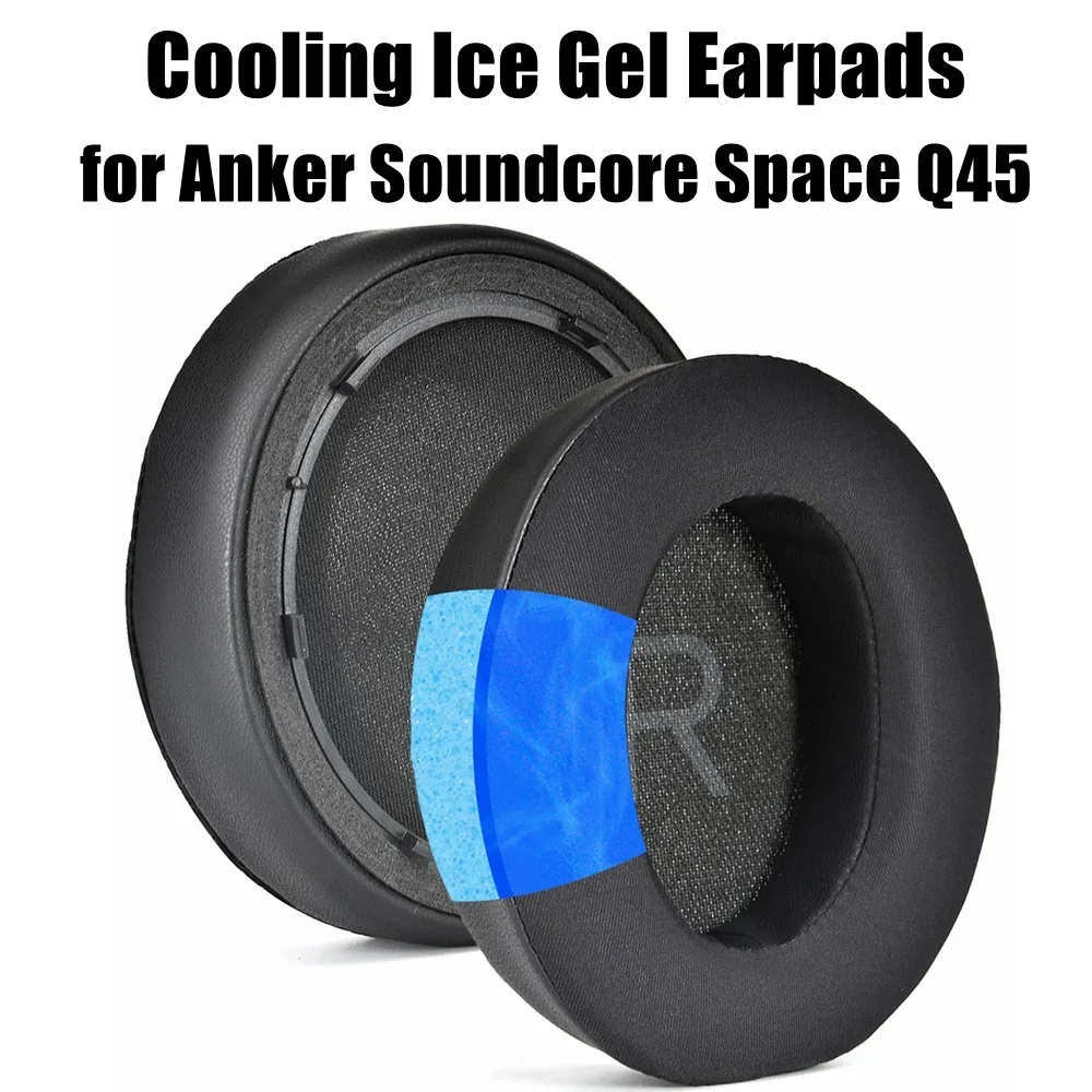 1 Pair Protein Leather Ear Pads Cooling Gel Noise-Cancelling Ear Tips Breathable Replacement for Anker Soundcore Space Q45