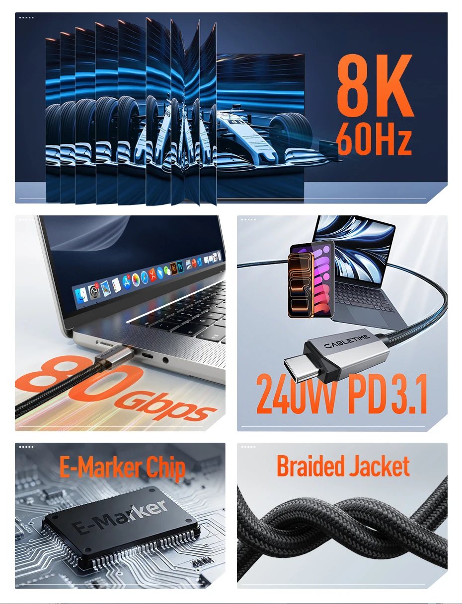 CABLETIME USB4 V2.0 Kabel 80Gbps Datenübertragung 8K@60Hz 240W Ultra-Speed PD 3.1 Geflochtene Ummantelung für Handy, Monitor, PS5 – Detail 2