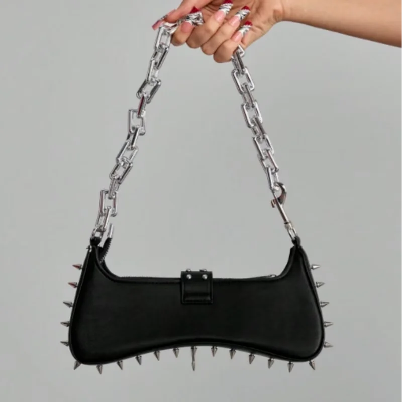 

Women's Punk Style Studd Shoulder Bag Retro Rock Style Underarm Bag Metal Chain Y2k Motorcycle Bag Leapord Cool Leather Handbag