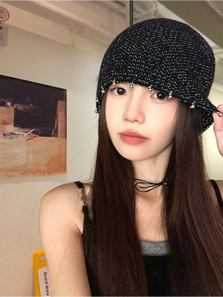 Fashionable Hand-Knitted Spicy Girl Hat Women's Versatile Stylish Hollow out Small Face Bright Thread Cool Head Wrap Hat