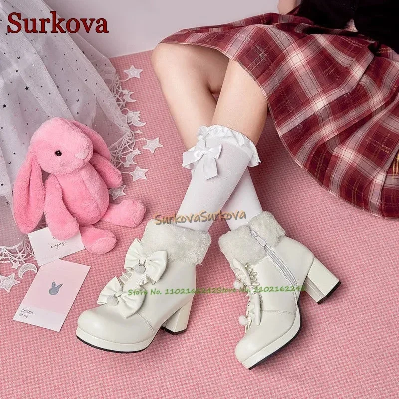 

Winter Bowknot Plus Velvet Short Boots Round Toe Thick Heel Side Zipper Lolita Short Boots Fashionable Dinner Party Women'S Boot