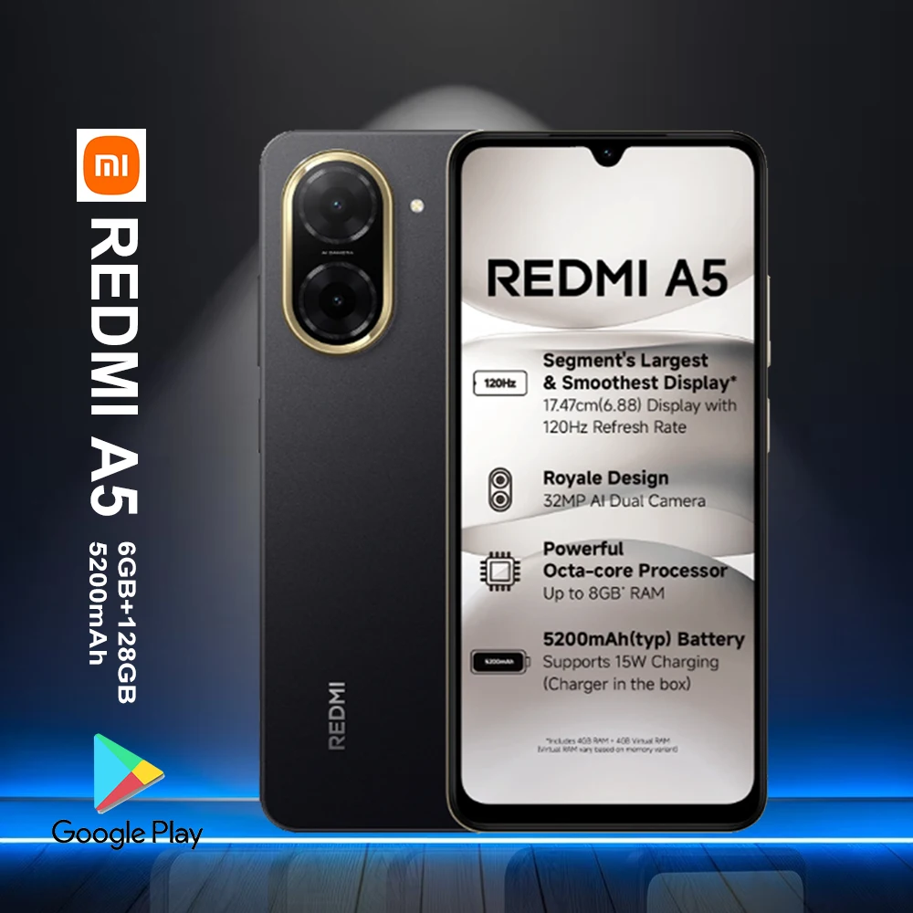 Redmi A5 1 Smartphone - 5200mAh Battery Fast Charging with Side Fingerprint Recognition Facial Recognition GPS NFC