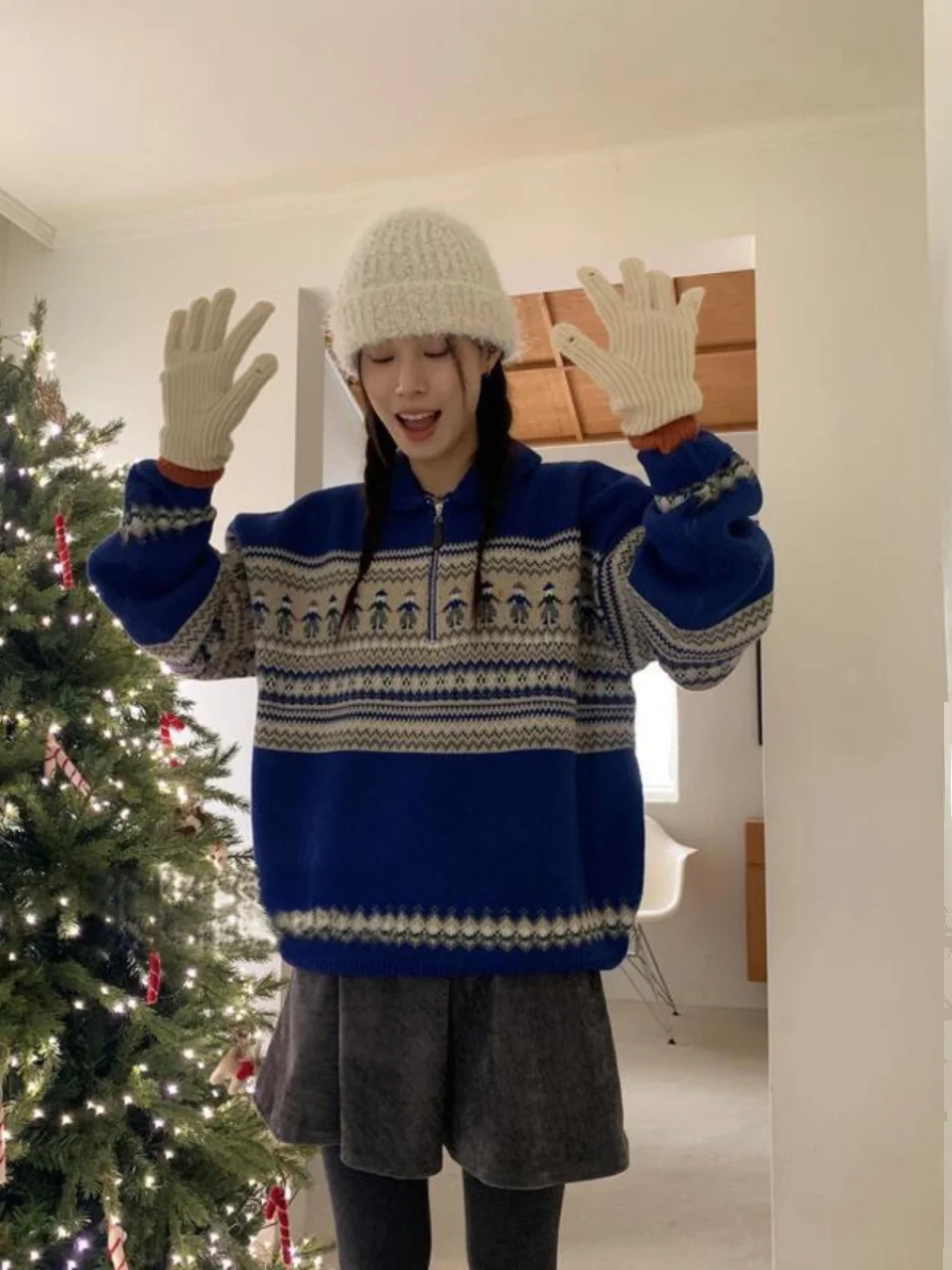 سترة Street Sle Retro Fair Isle Nordic كاجوال بسحاب طويل Sve، نسخة كورية فريدة من نوعها، فضفاضة تناسب...