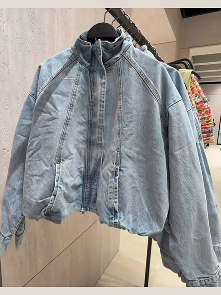 Vintage Blaue Kurze Jeansjacke für Damen mit Stehkragen, Reißverschluss und Knöpfen, Lose Passform, Langarm, Neue Streetwear für den Alltag im Herbst – Detail 10