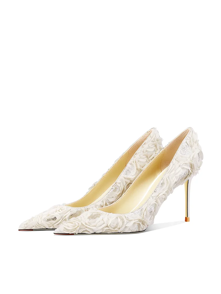 Spring New Pointed Toe Shallow Mouth Lace Mesh Rose Sequin Wedding Shoes Banquet Large Size Small Size High Heel Women's Shoes