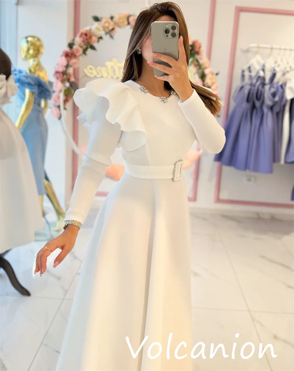 맞춤형 파스텔 유니섹스 저지 스팽글 새시 A라인 스쿱넥 미디 드레스 맞춤 제작 행사 심플