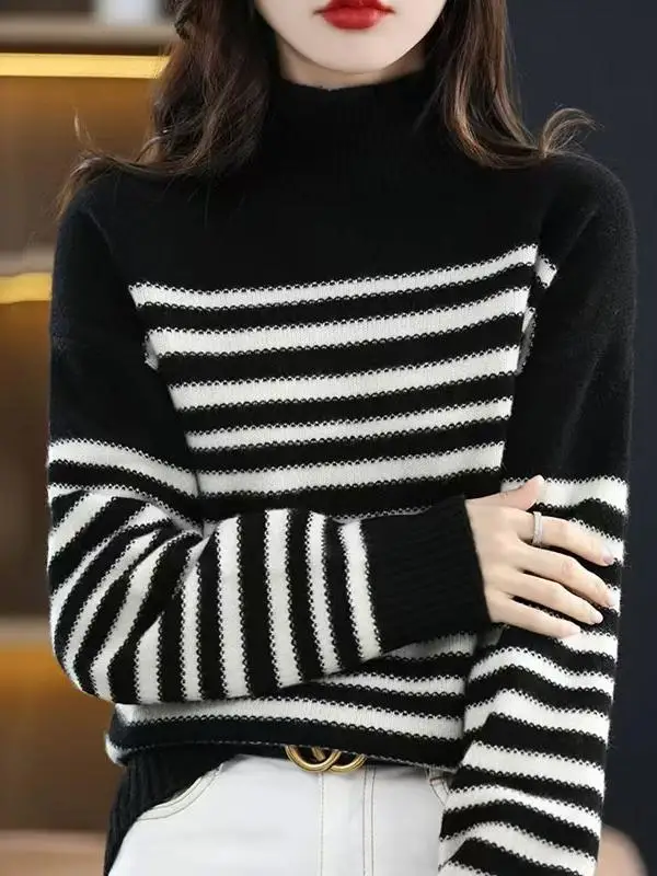 

plus Size Women's Thiened ort Wool Sweater Striped Knitted Boting irt Korean Sle Loose Fit Autumn Winter Faion