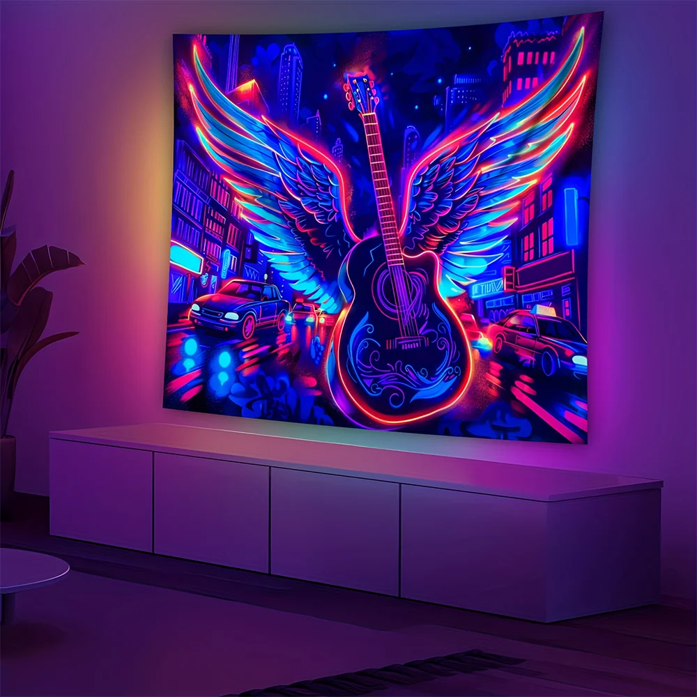 1pc Neon Guitar Winged City Nightscape Blacklight Tapestry, UV Reactive Glow Wall Hanging for Home Bar Music Room Decor