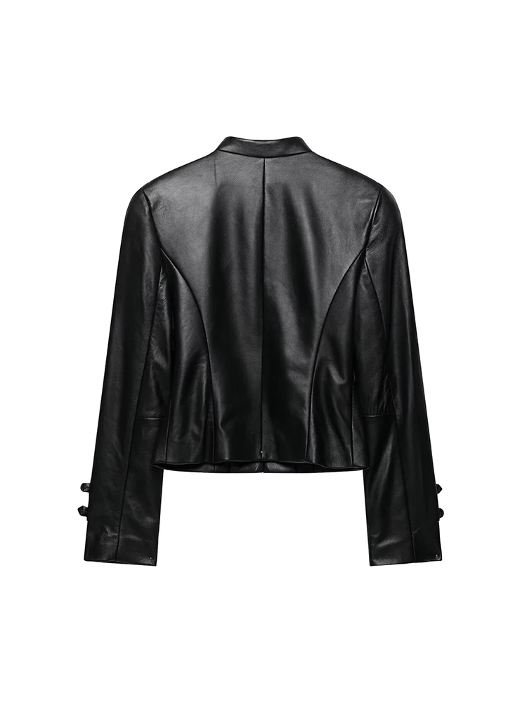 TFMLN Fashion Women's Faux Leather Jacket Stand Collar Button Decoration Long Sleeves Slim Coat Chic Autumn New PU Street Wear
