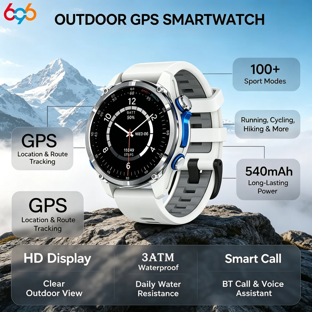 Compass & Weather Forecast  Daily Health Tracker Outdoor Fitness GPS Smartwatch  AMOLED Display  BT Call  3ATM Waterproof