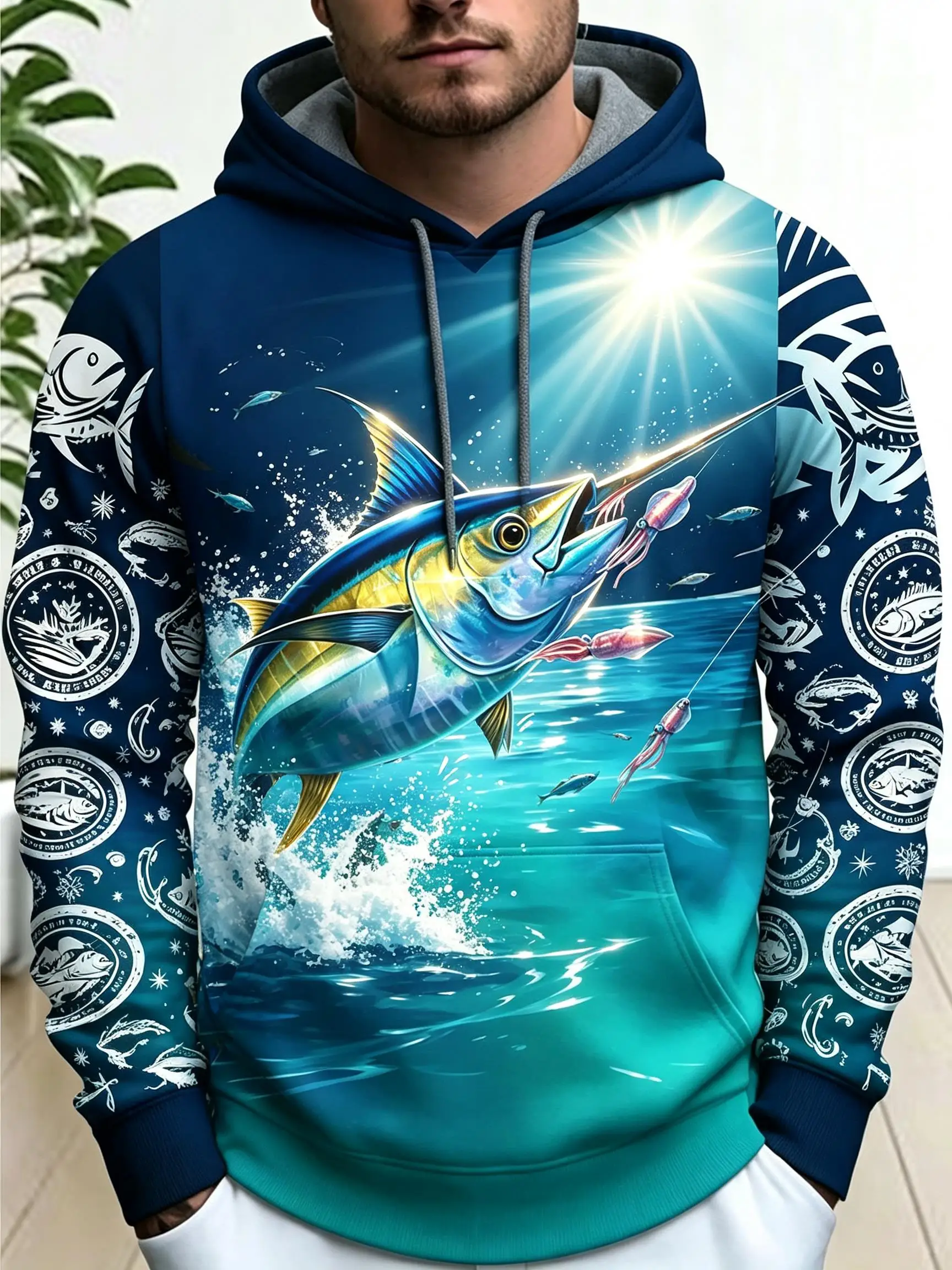 2026 Men Thin Sweatshirt Autumn Winter Hoodie Marlin Fish Ocean Water Splash Print Long Sleeve Male Pullover Tops Men's Clothes