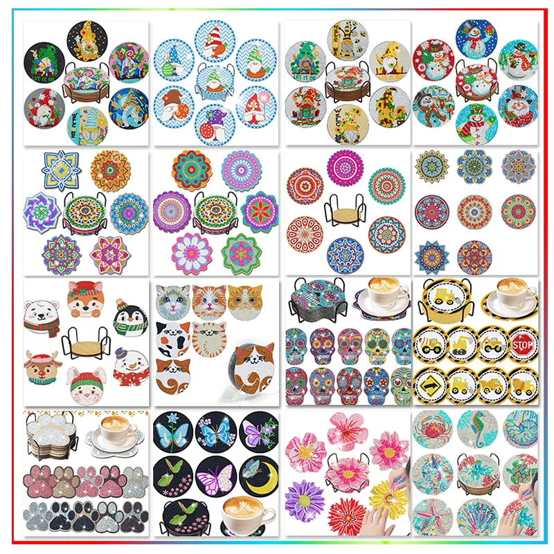 SDOYUNO 6/8pcs DIY Flowers Diamond Painting Coaster Drink Cup Cushion Diamond Embroidery Kit Kitchen Accessories Home Decor