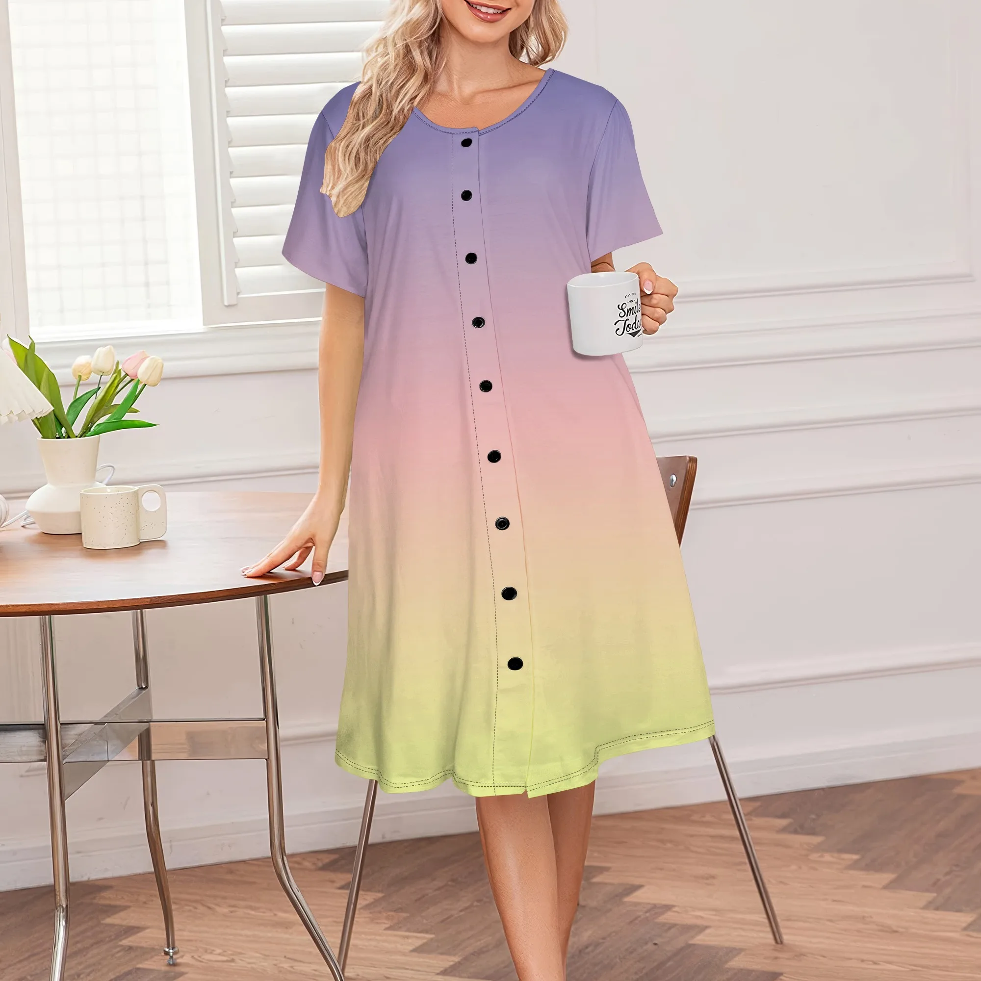 

Women's Summer Dress Ombre Print Round Neck Button Loose Breathable Midi Skirt for Brunch Club Garden Party Wedding