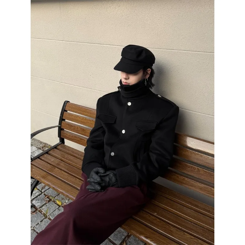 

70 Wool Stand-Up Collar Short Woolen Coat Embroidery Heavy Winter Black