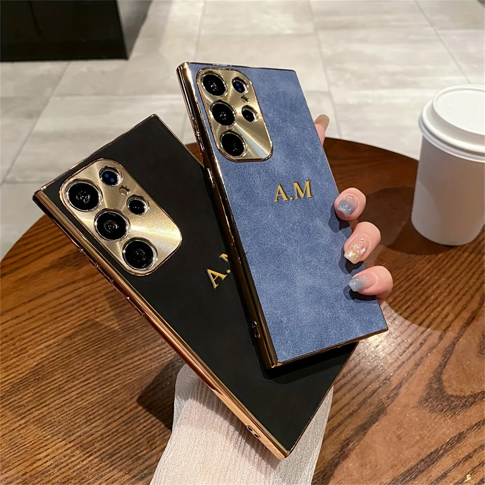 Personalisierte Lederhülle mit individuellem Namen für Samsung Galaxy S25 S24 Plus S23 S22 Ultra, galvanisierter Rahmen, Lammfellhülle