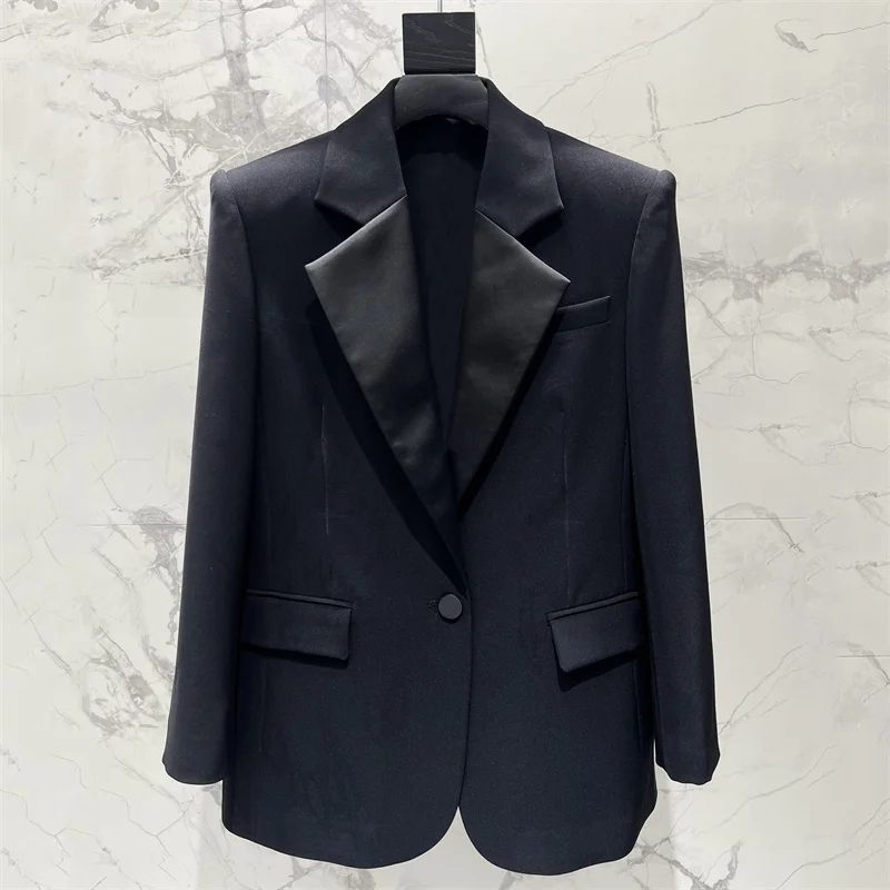 Damenjacke 2026 Frühjahr neue einreihige Slim-Fit-Revers-Langarm-Oberteil Satin-Patchwork-Damenanzugjacke Oberbekleidung